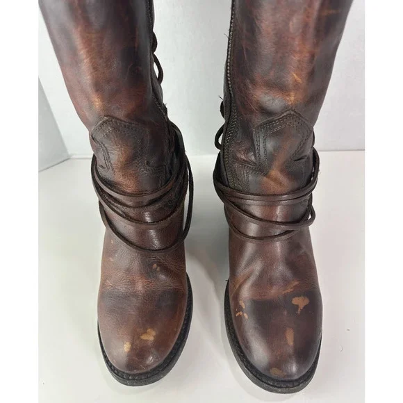 *Flawed Freebird Coal Boots Distressed Leather Tall Lace Up Western Festival 8 - Picture 4 of 16